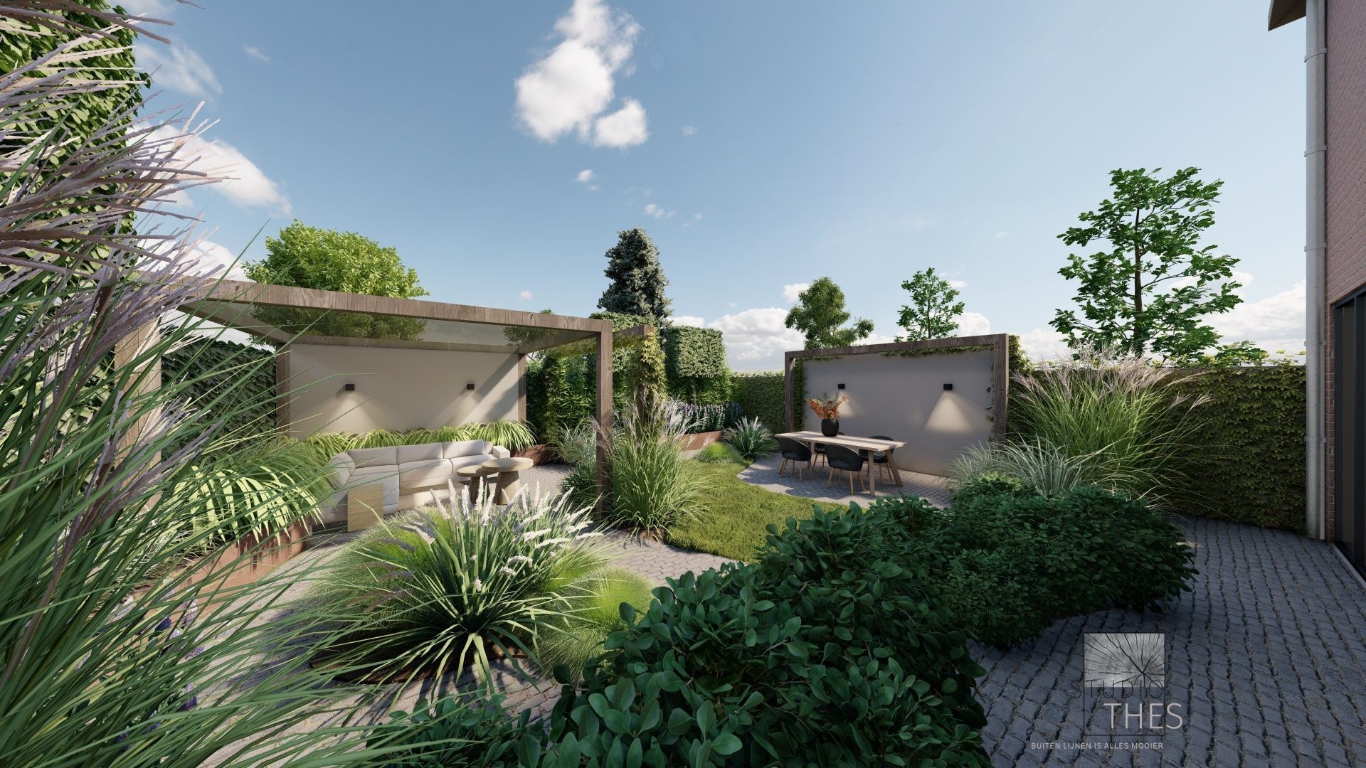 Een gevisualiseerd tuinontwerp met groen, zitjes en een pergola onder een blauwe hemel.