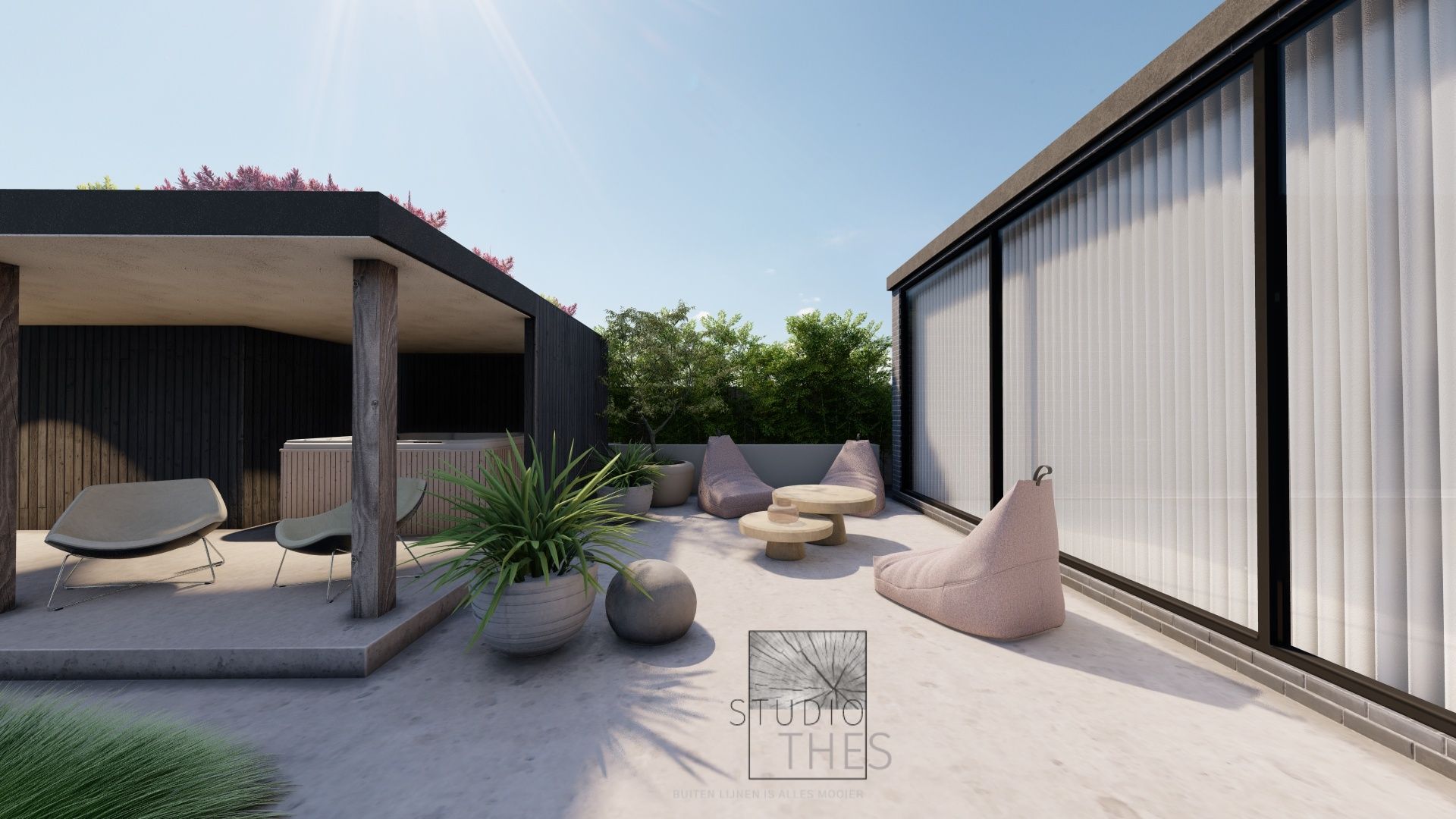 Terras met zitgelegenheid, planten en moderne architectuur. Zonnige dag, neutrale kleuren.