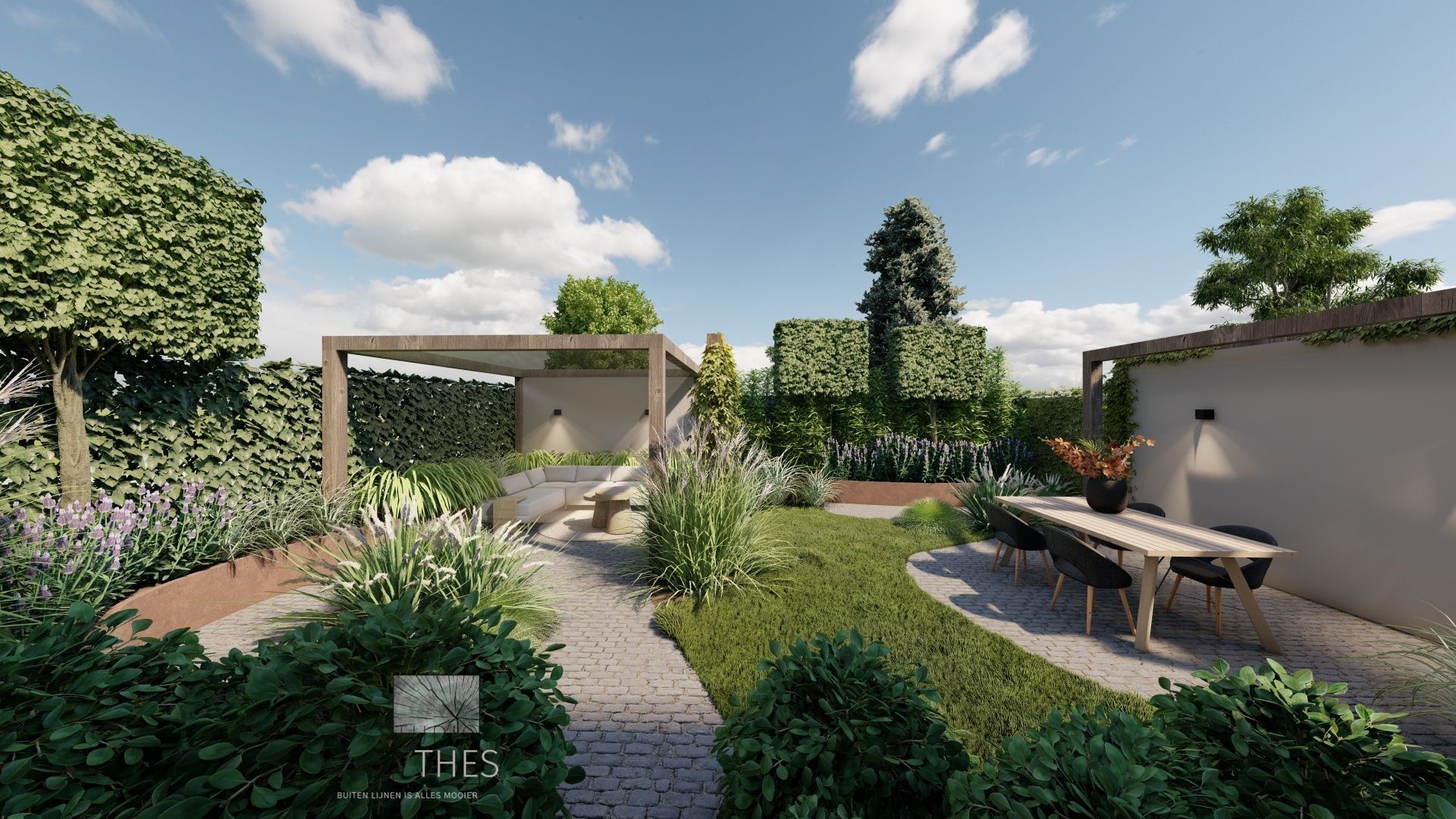 Een weelderige achtertuin met bloembedden, een pergola en een eettafel op een zonnige dag.