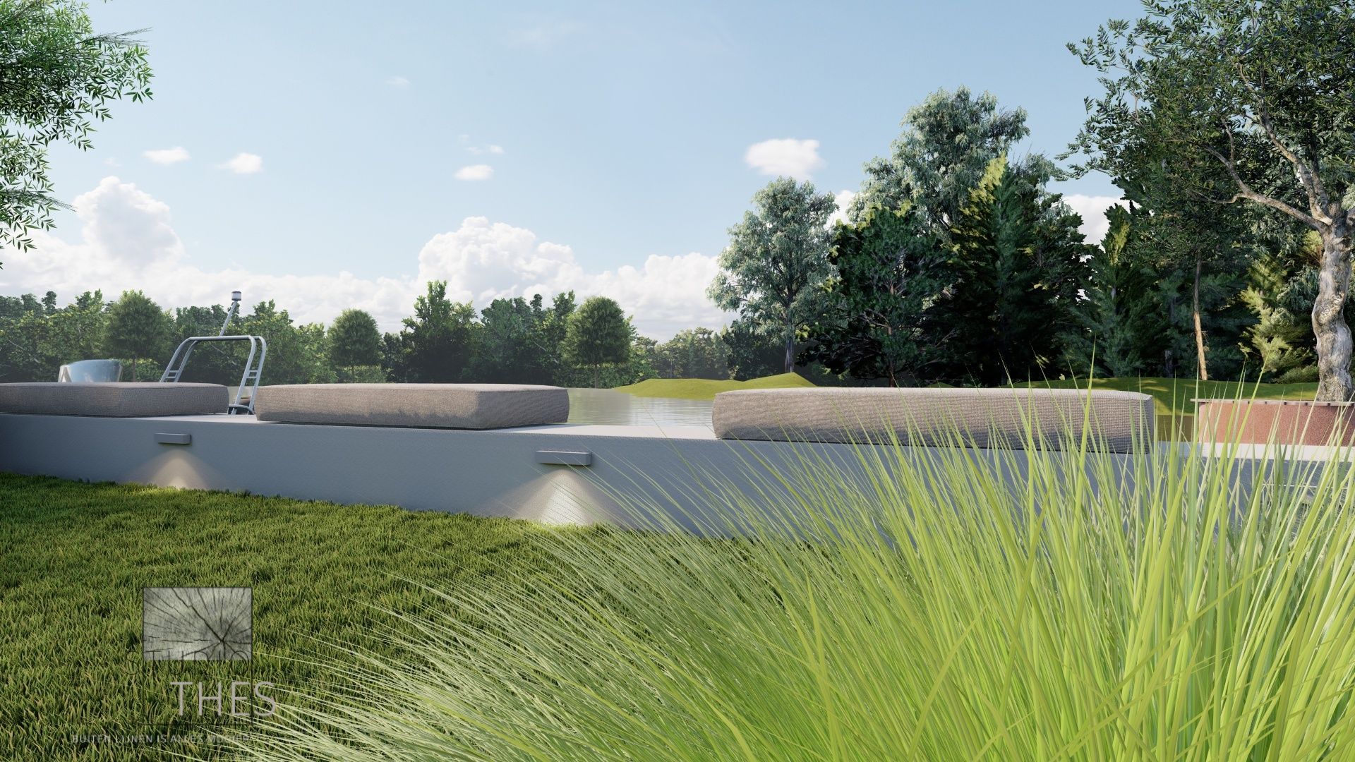 Een laag perspectief van een serene buitenruimte met zitgelegenheid, groen gras, bomen en een heldere hemel.