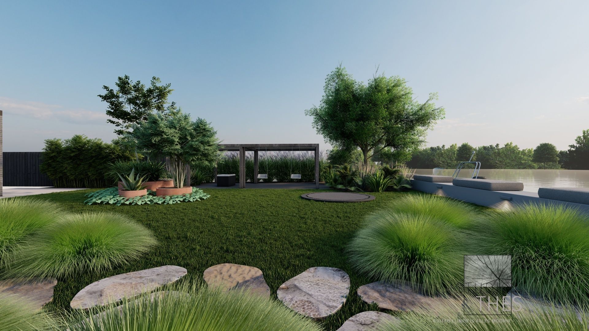 Een weelderige groene achtertuin met stapstenen, grasheuvels, een pergola en uitzicht op een meer.