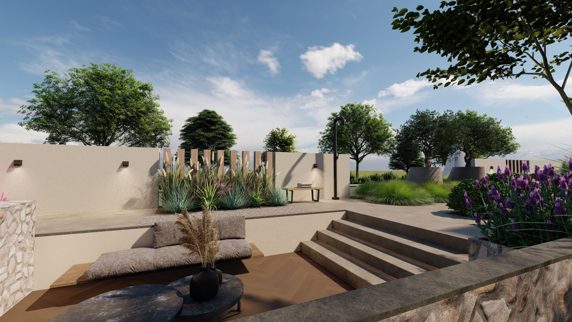 Buitentuin met terrassen, stenen muren, zitgelegenheid en diverse planten onder een gedeeltelijk bewolkte hemel.