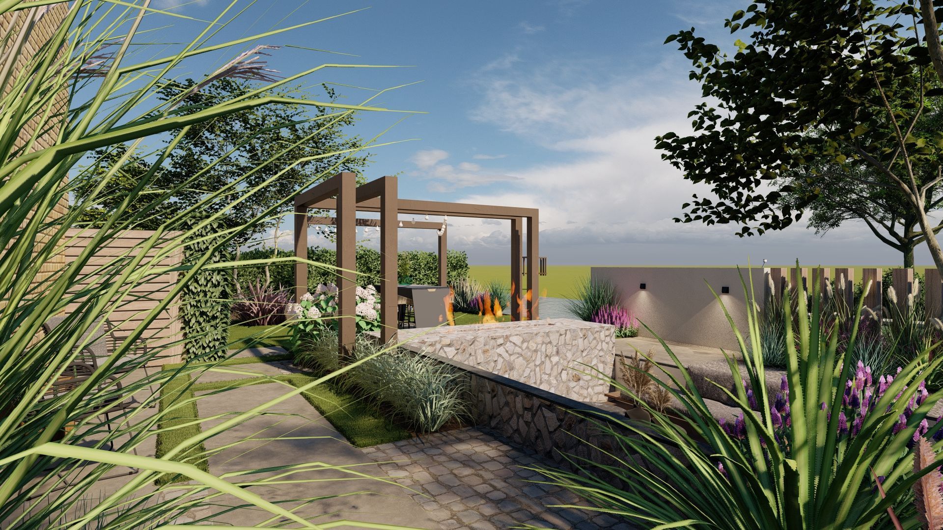 Buitentuin met pergola, stenen elementen, planten en een blauwe lucht.