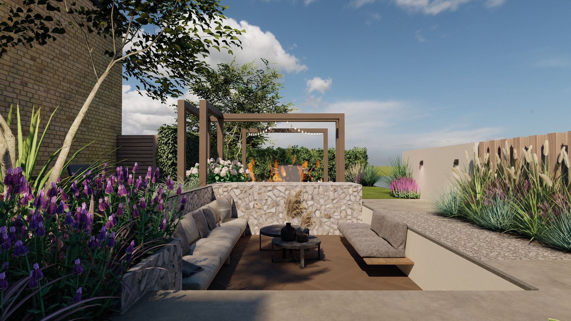 Buitenruimte met loungesets, rotstuin, pergola en beplanting onder een blauwe hemel.