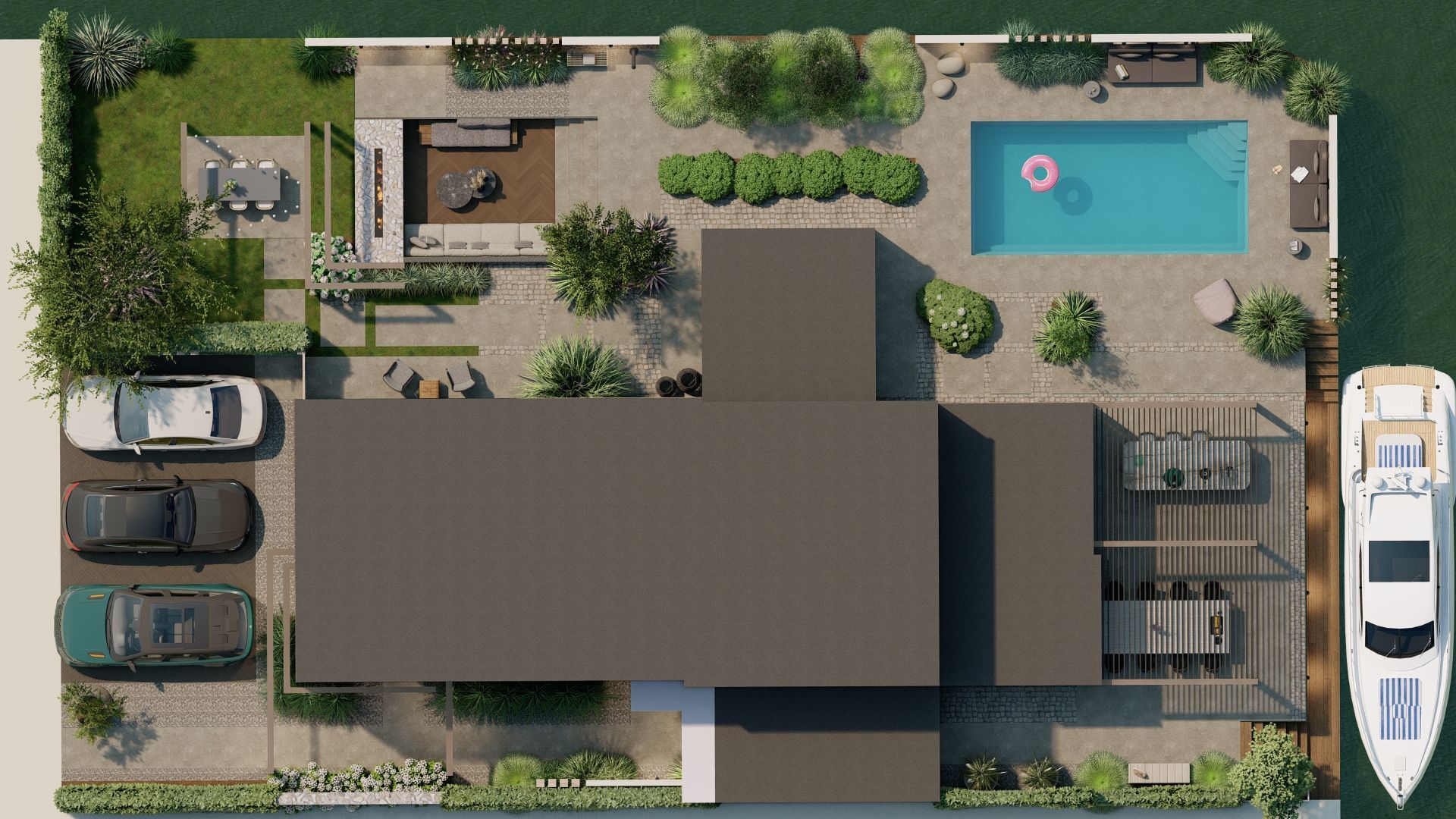 Bovenaanzicht van een modern huis met zwembad, aanlegsteiger, boot, terras en parkeerplaats.