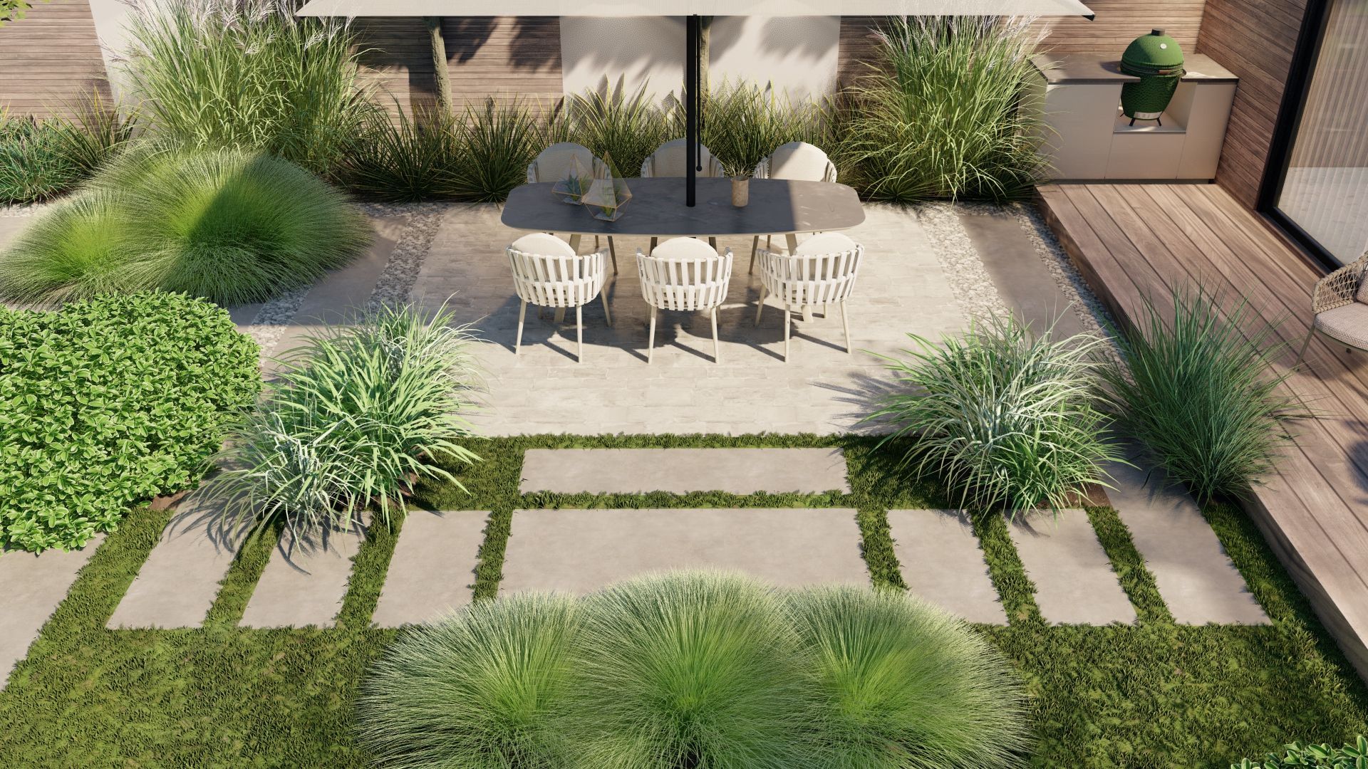 Buitenpatio met eettafel, groene planten en stenen paden.
