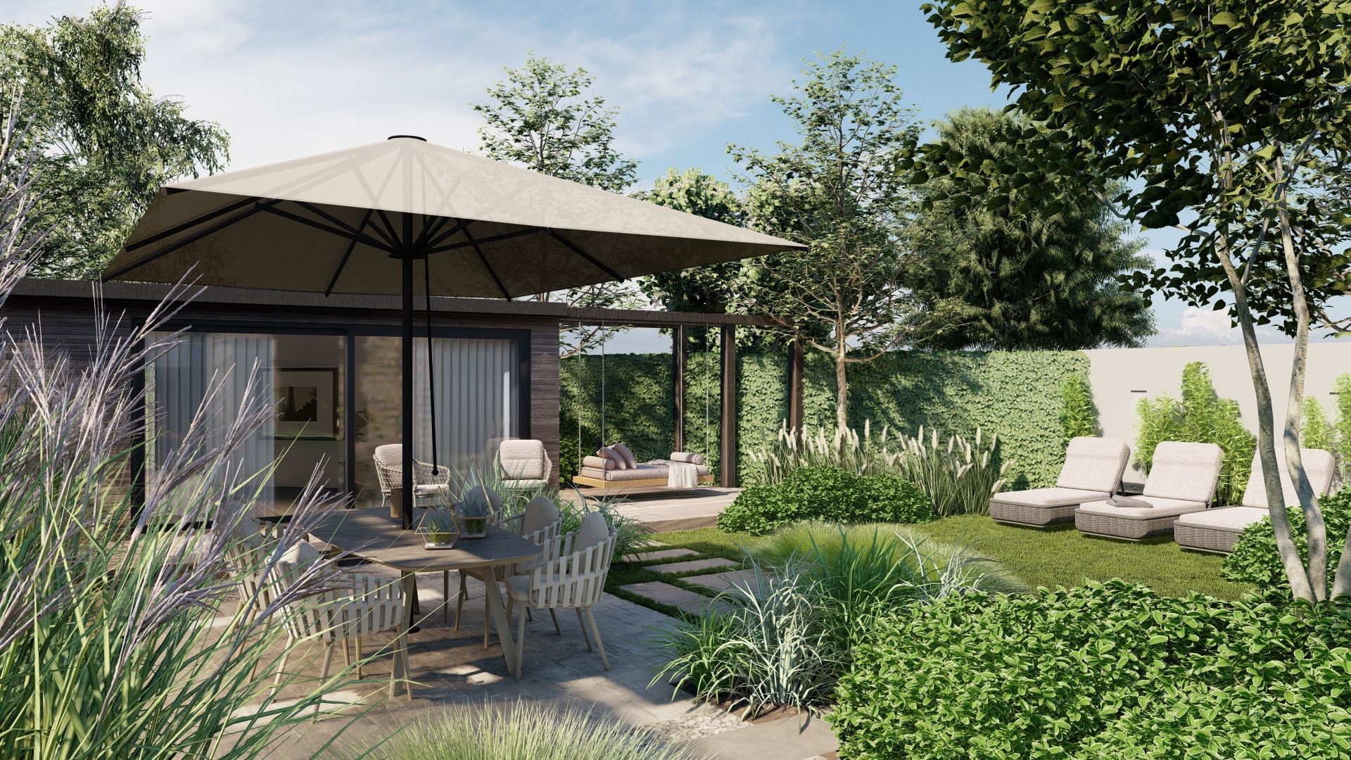 Een luxueuze achtertuin met ligstoelen, een terras, een schommel en een tuinhuisje met parasol, omgeven door weelderig groen.