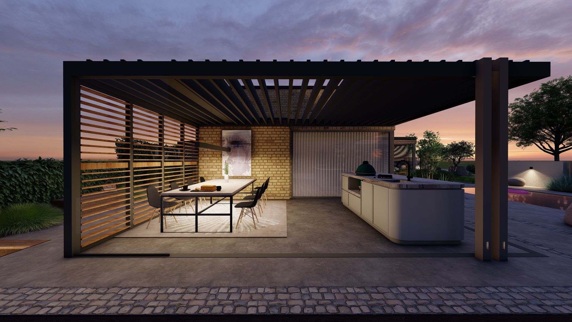 Modern terras met eettafel, barbecue en pergola bij schemering.