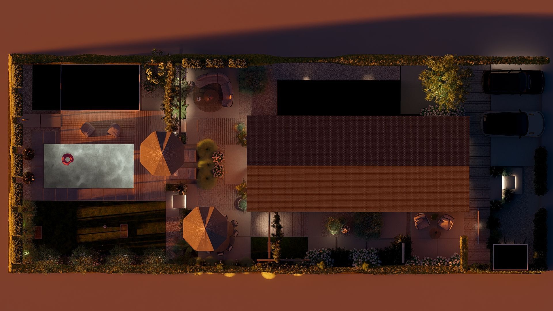 Bovenaanzicht van een sfeervol verlicht terras in de schemering met zitgelegenheid, zwembad en planten.