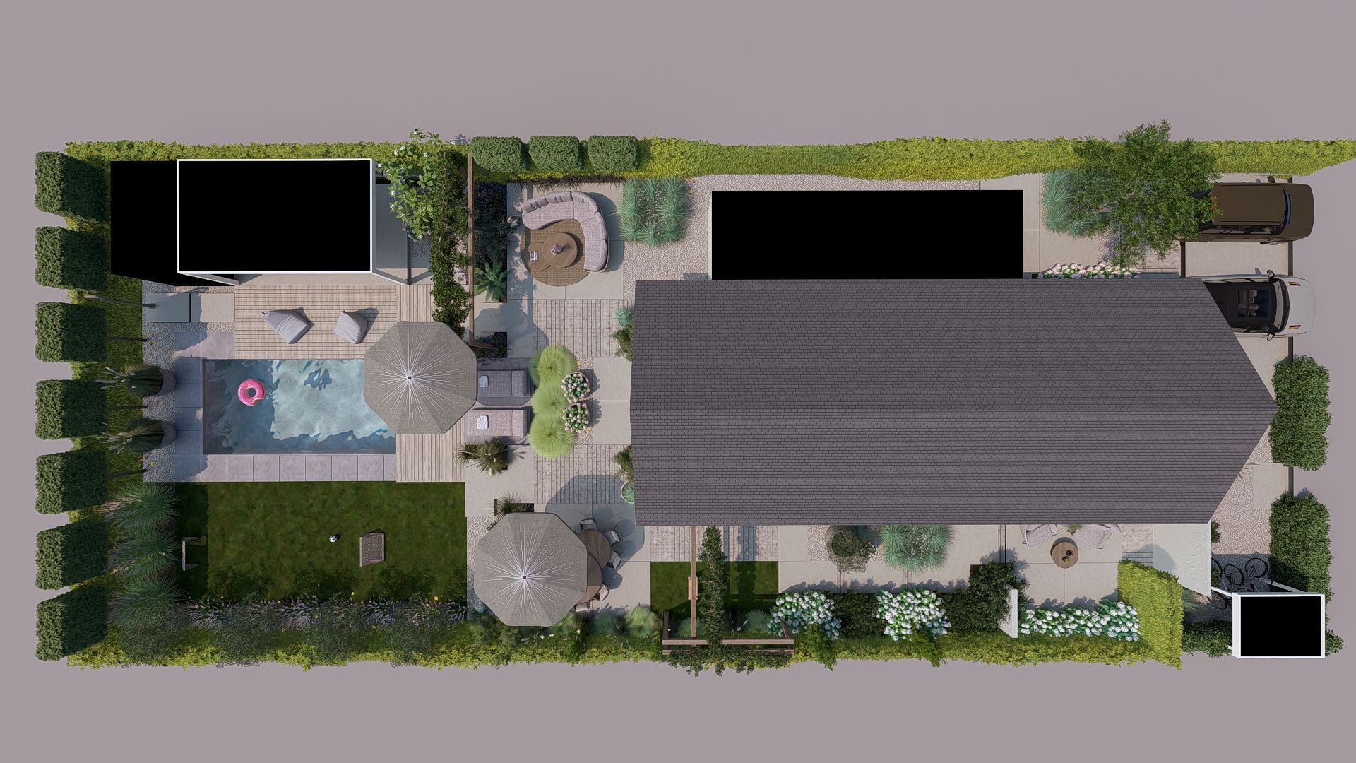 Bovenaanzicht van een huis met een zwembad, terras en tuin. Het huis heeft een donker dak en is omgeven door beplanting.
