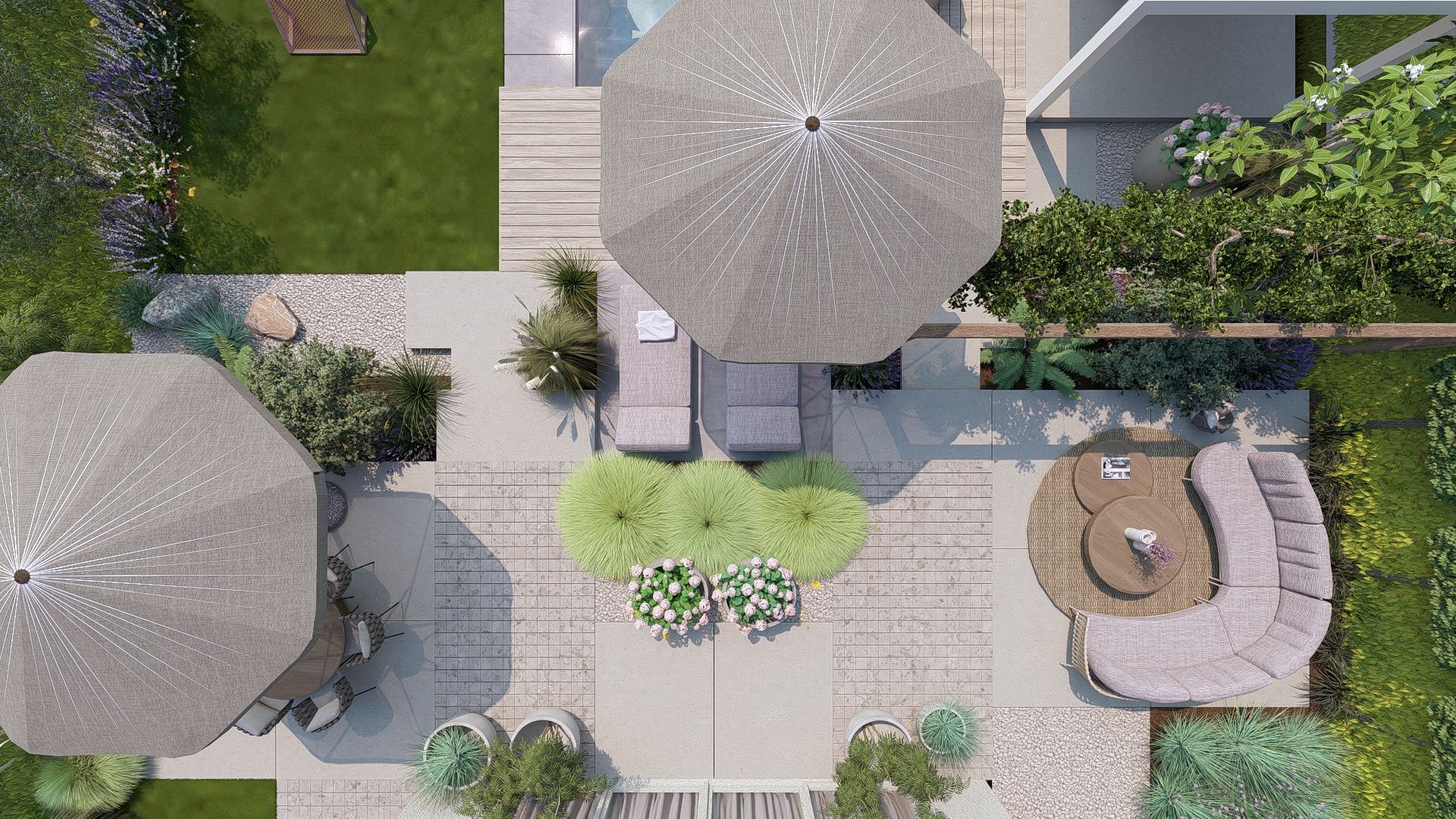 Bovenaanzicht van een modern terras met zitjes, parasols en weelderig groen.