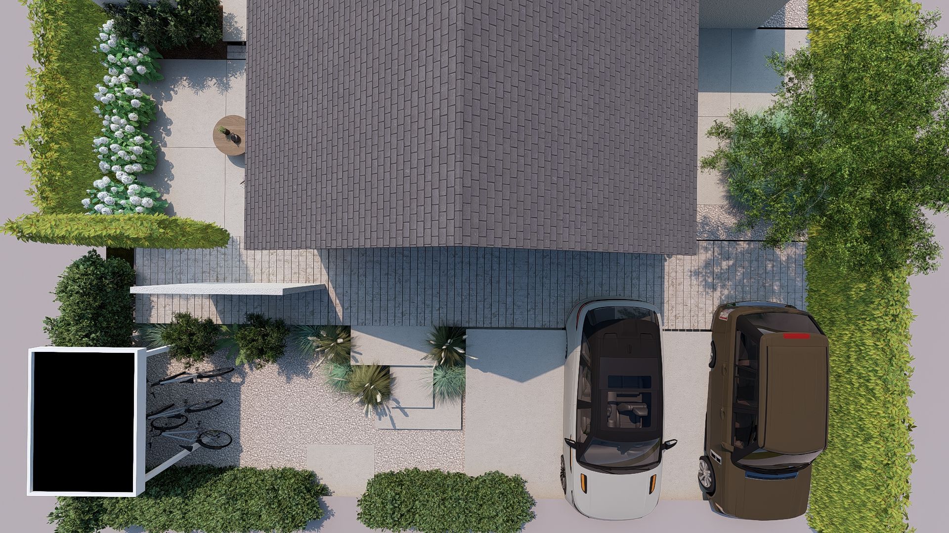 Bovenaanzicht van een modern huis met een donker dak en twee auto's geparkeerd op de oprit. Het huis is omgeven door beplanting.