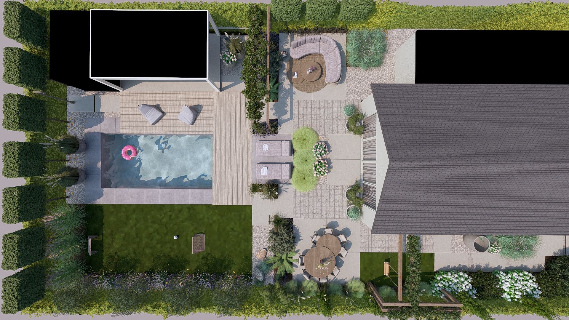 Bovenaanzicht van een modern tuinontwerp: zwembad, terras, patio met zitgelegenheid, tuinaanleg en een huis.