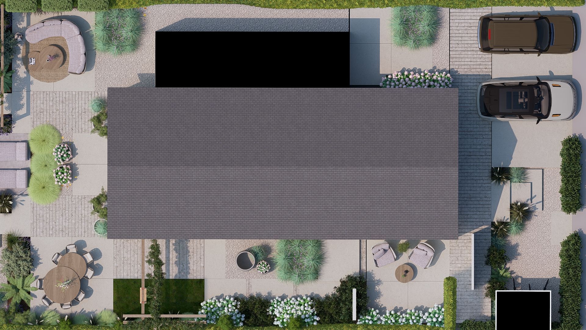 Bovenaanzicht van een modern huis met een grijs dak en oprit, omgeven door beplanting en geparkeerde auto's.