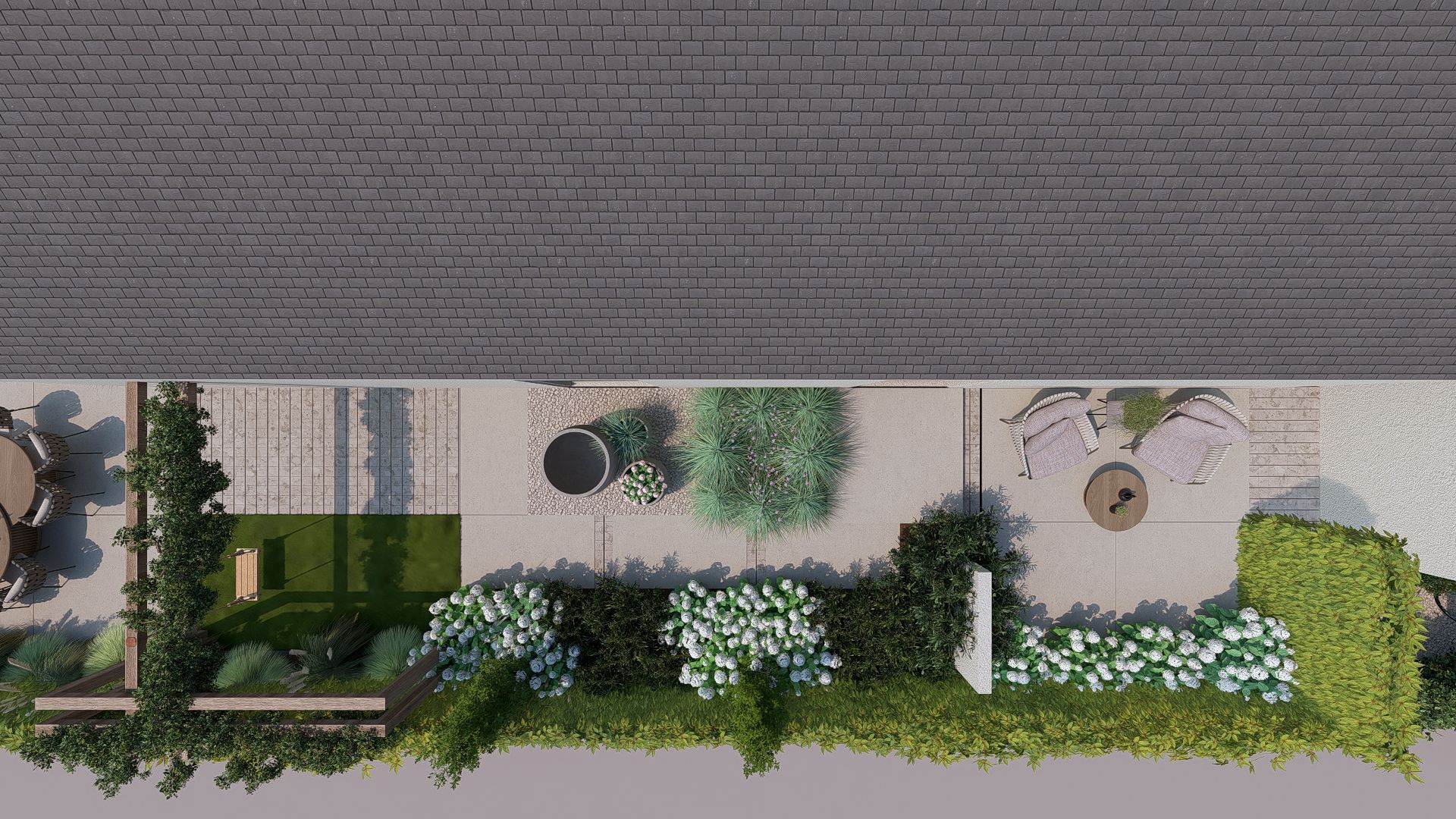 Bovenaanzicht van een moderne achtertuin met terras, planten en zitgelegenheid onder een gebouw.