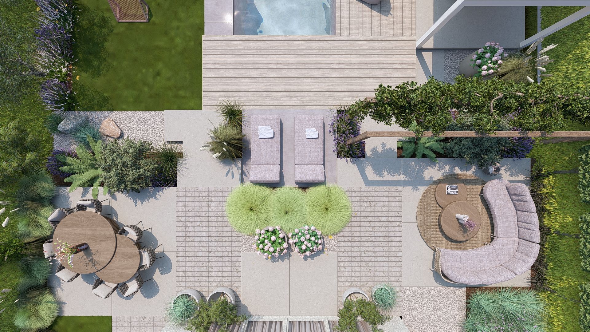 Bovenaanzicht van een moderne achtertuin met zwembad, terras, ligstoelen, zitgedeelte en weelderige beplanting.
