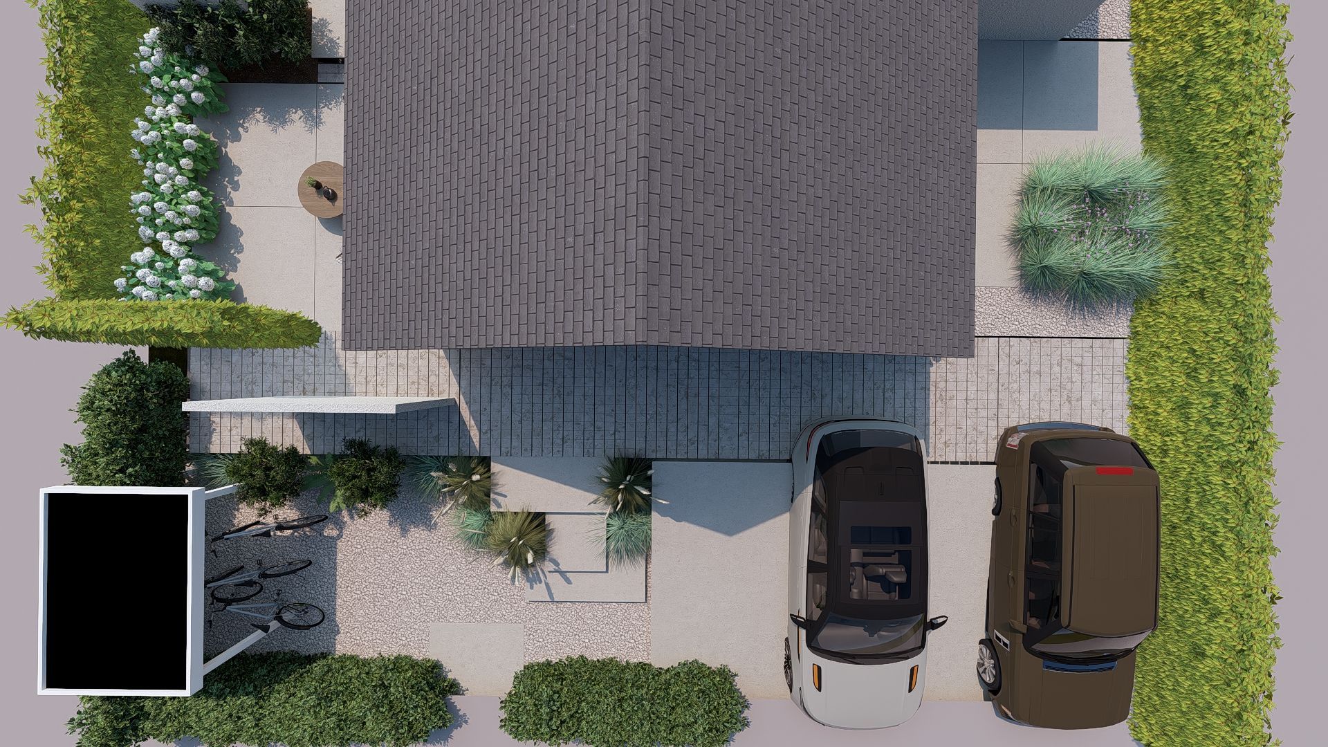 Bovenaanzicht van een modern huis met twee geparkeerde auto's, omgeven door beplanting en een betonnen pad.