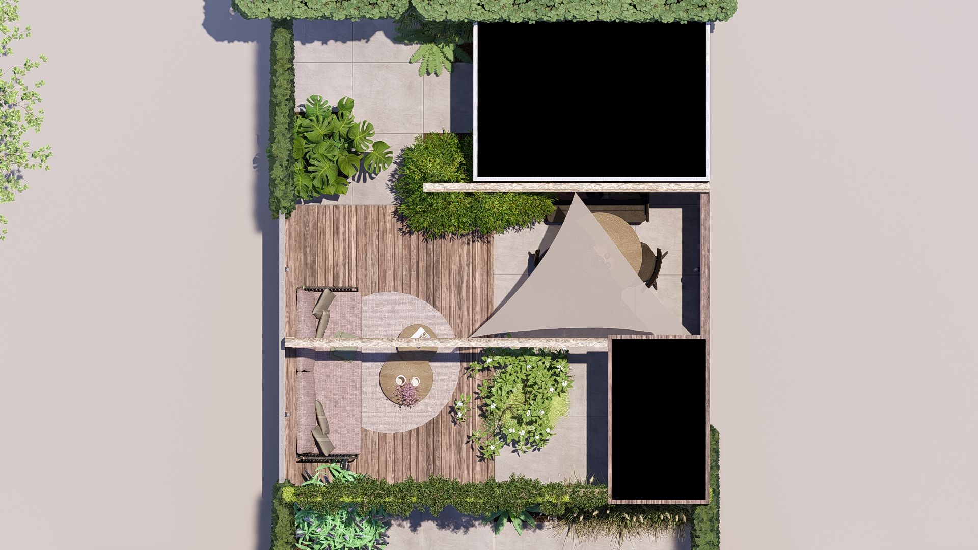 Bovenaanzicht van een moderne achtertuin met een houten terras, patio en groene hagen. Inclusief zitjes, groen en twee zwarte boxen.