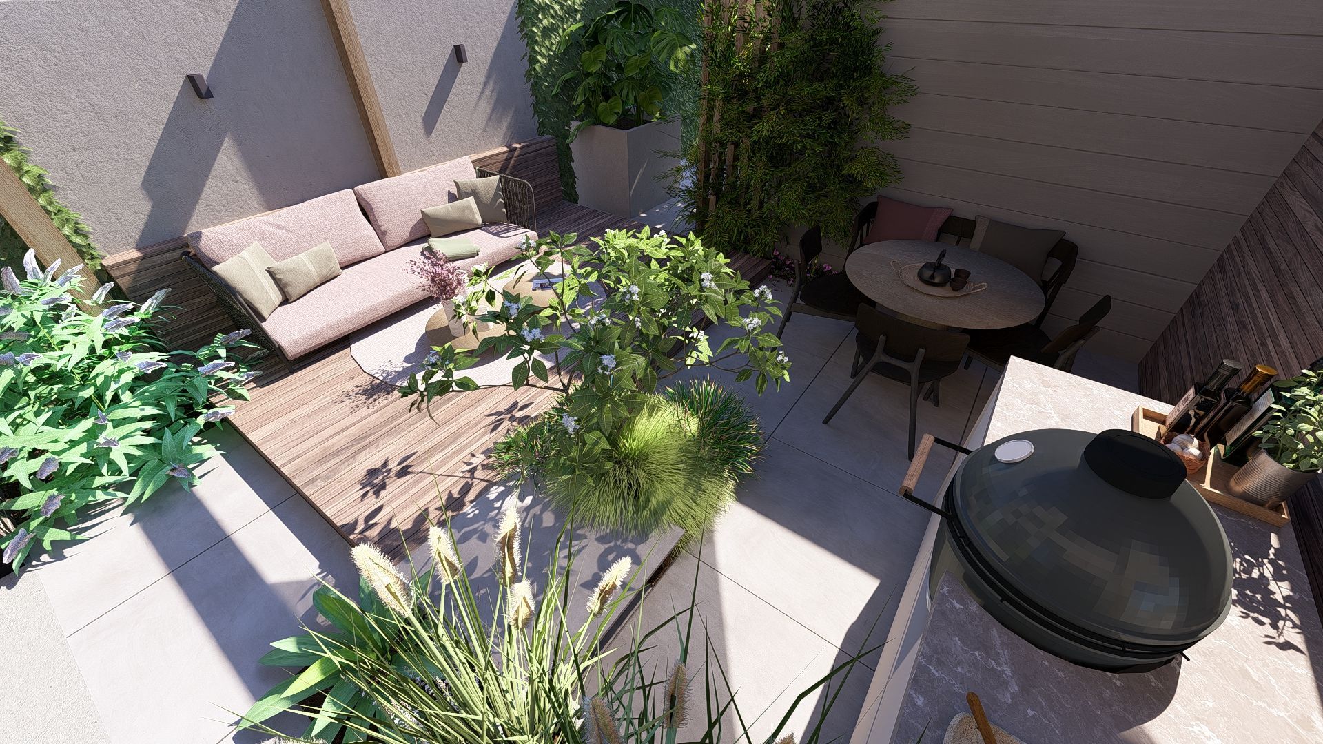 Buitenpatio met bank, tafel, barbecue en planten; neutrale tinten.