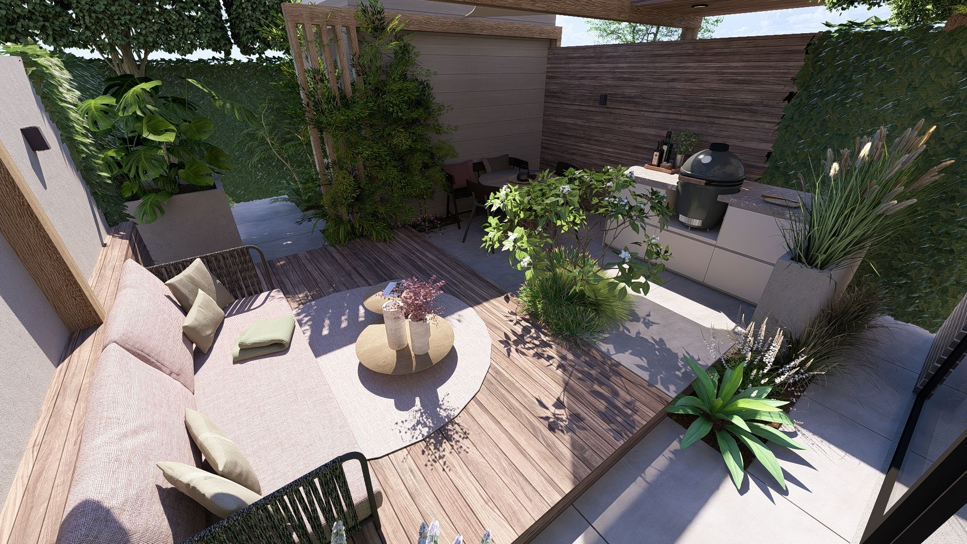 Een modern vormgegeven terras met zitgedeelte, barbecue en weelderig groen.