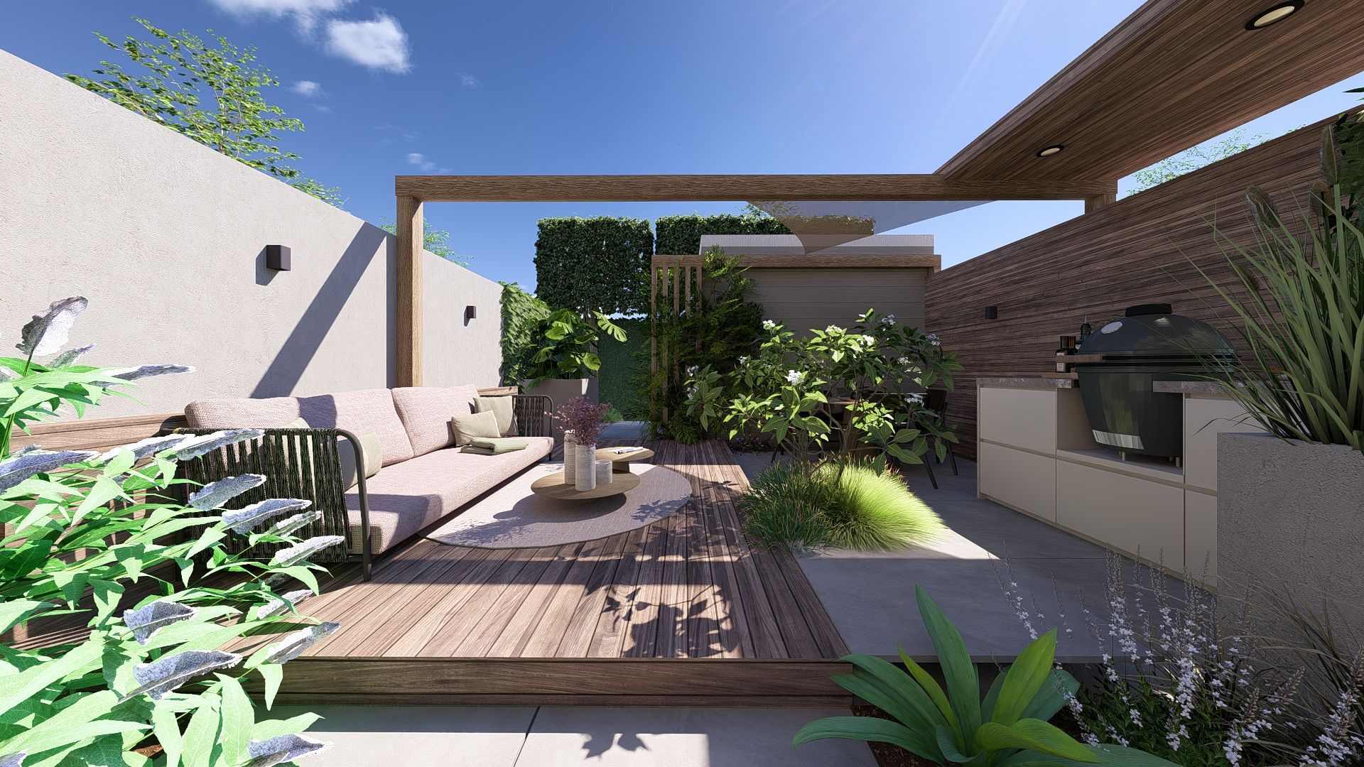 Buitenpatio met zitgelegenheid, barbecue, planten en een houten vlonder onder een zonnige hemel.