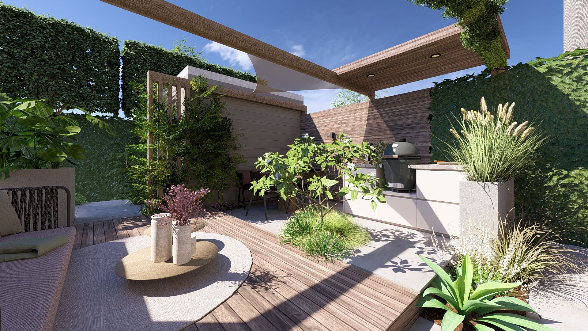 Buitenruimte met een houten pergola, bakstenen muur en weelderig groen.