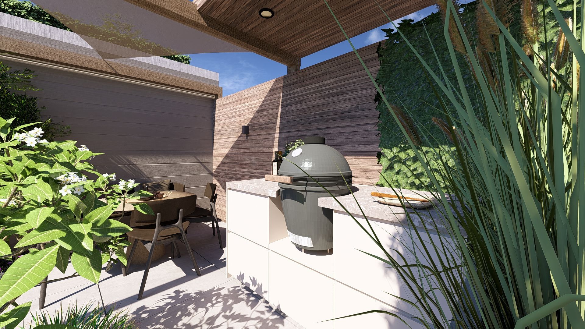 Buitenkeuken met grill en zitgelegenheid onder een overdekt terras, omgeven door planten.