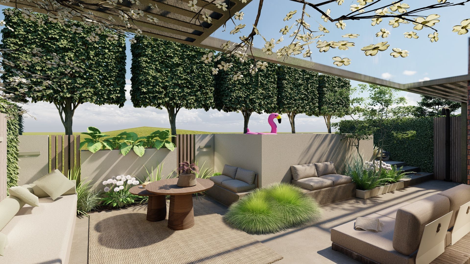 Buitenpatio met zitgelegenheid, aangelegde tuin en een flamingo-beeld onder een pergola.