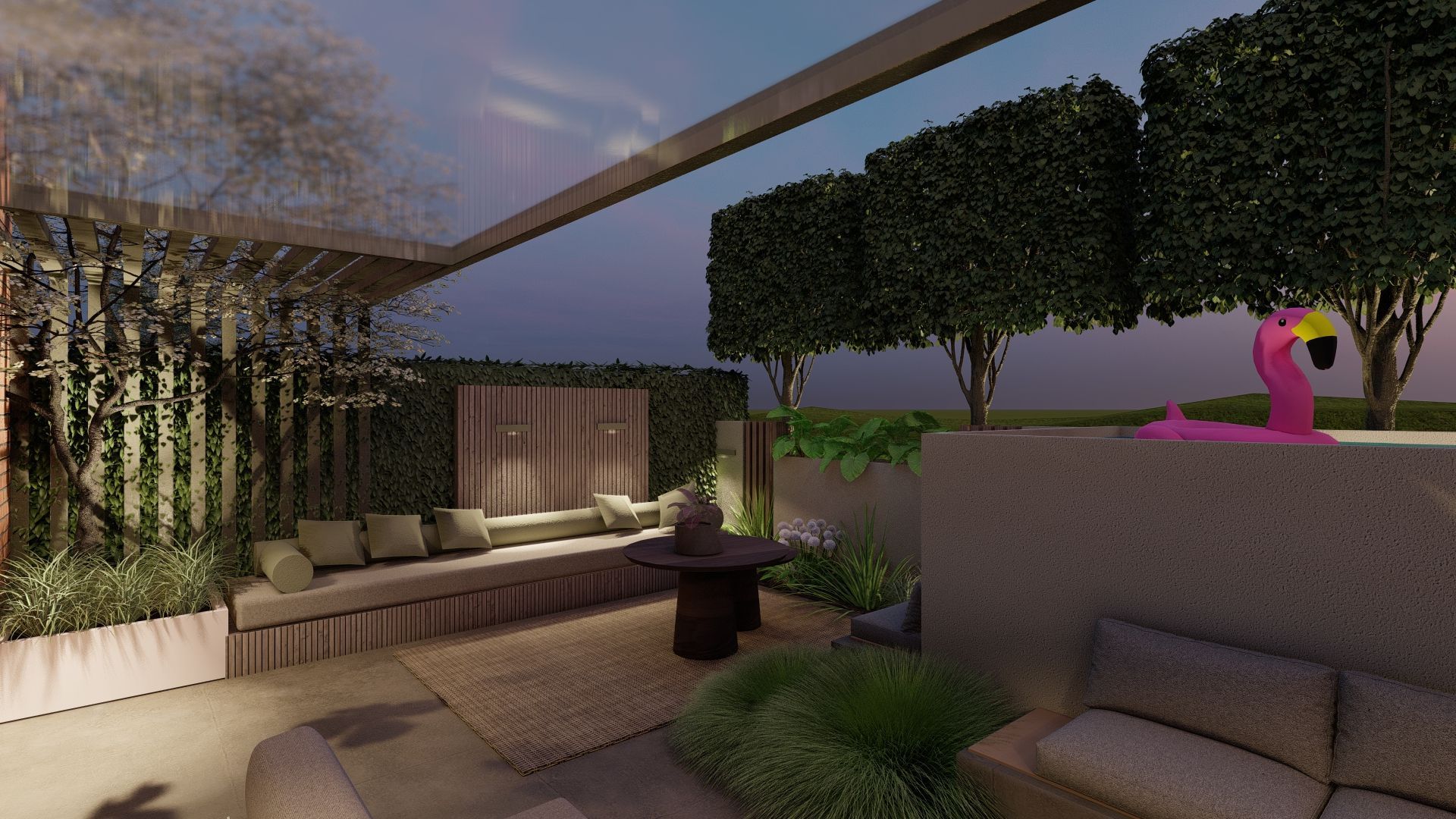 Buitenlounge met zitgelegenheid, planten en een opblaasbare flamingo. Sfeervolle avondverlichting.