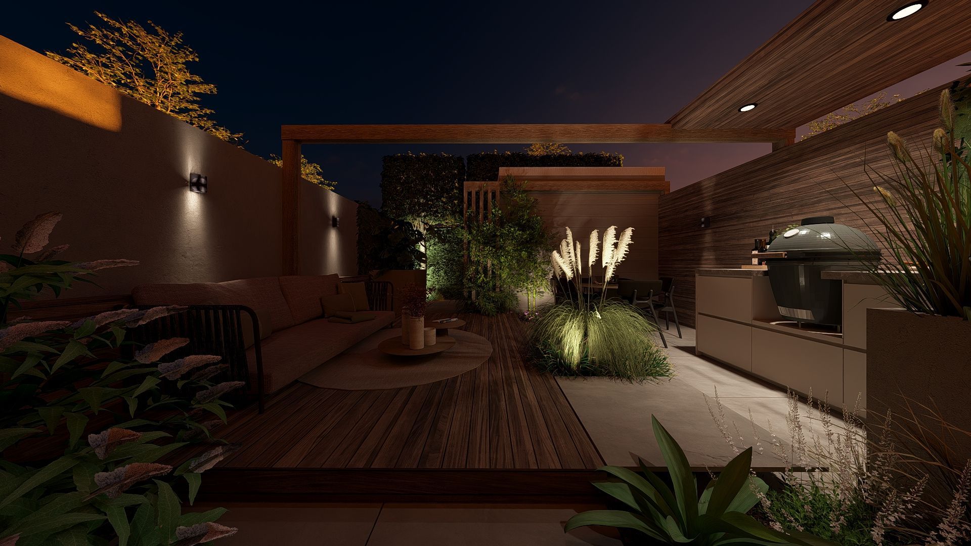 Terras 's avonds met buitenkeuken en zitgelegenheid, verlicht door warme lampen.