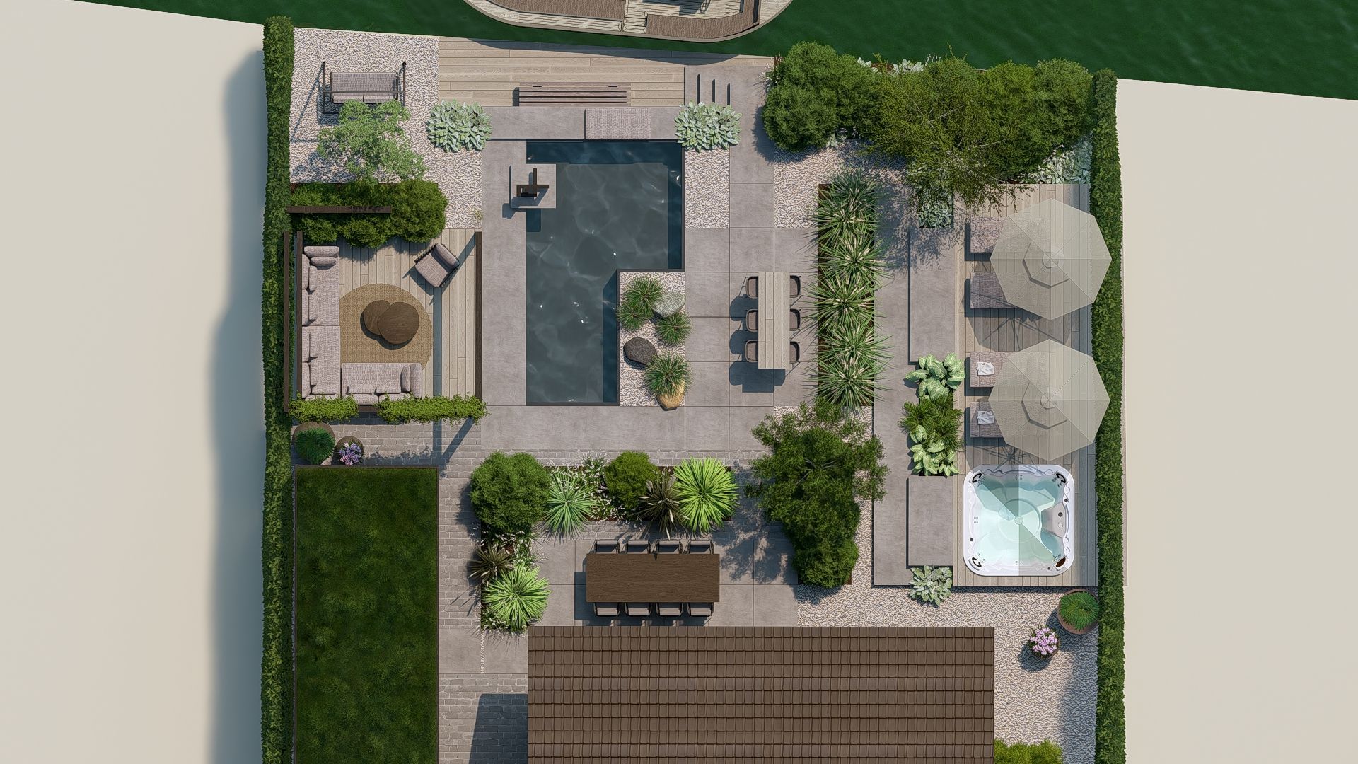 Bovenaanzicht van een modern tuinontwerp met zwembad, terras, eethoek en zitgedeelte.