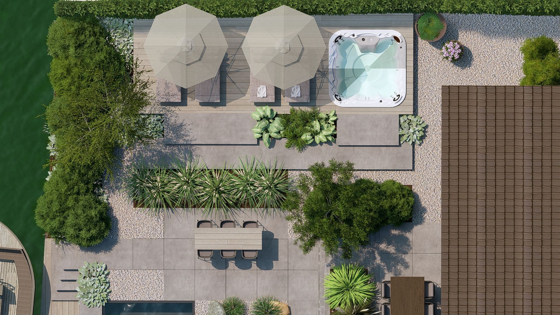 Bovenaanzicht van een terras met een jacuzzi, parasols, zitgelegenheid en aangelegde tuin.