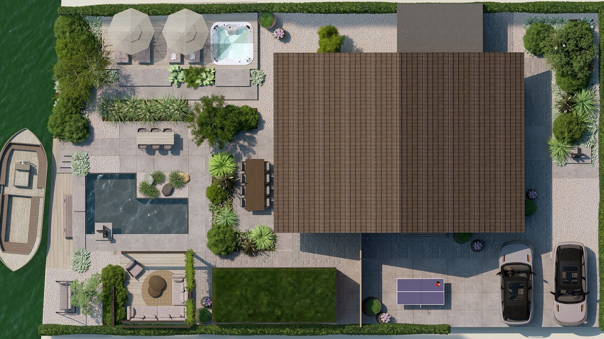 Bovenaanzicht van een moderne woning met een zwembad, jacuzzi en een aanlegsteiger aan het water.