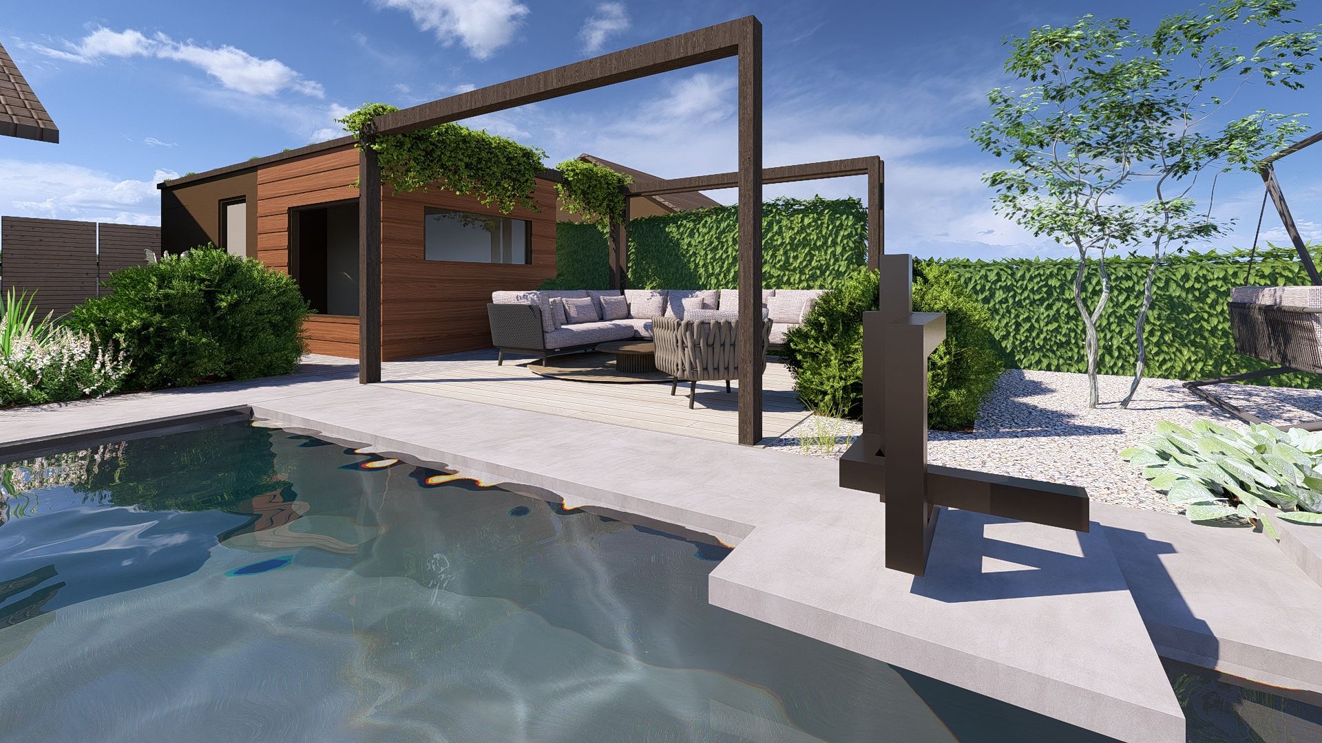 Buitenruimte bij het zwembad met zwembad, loungemeubels, pergola en weelderig groen.