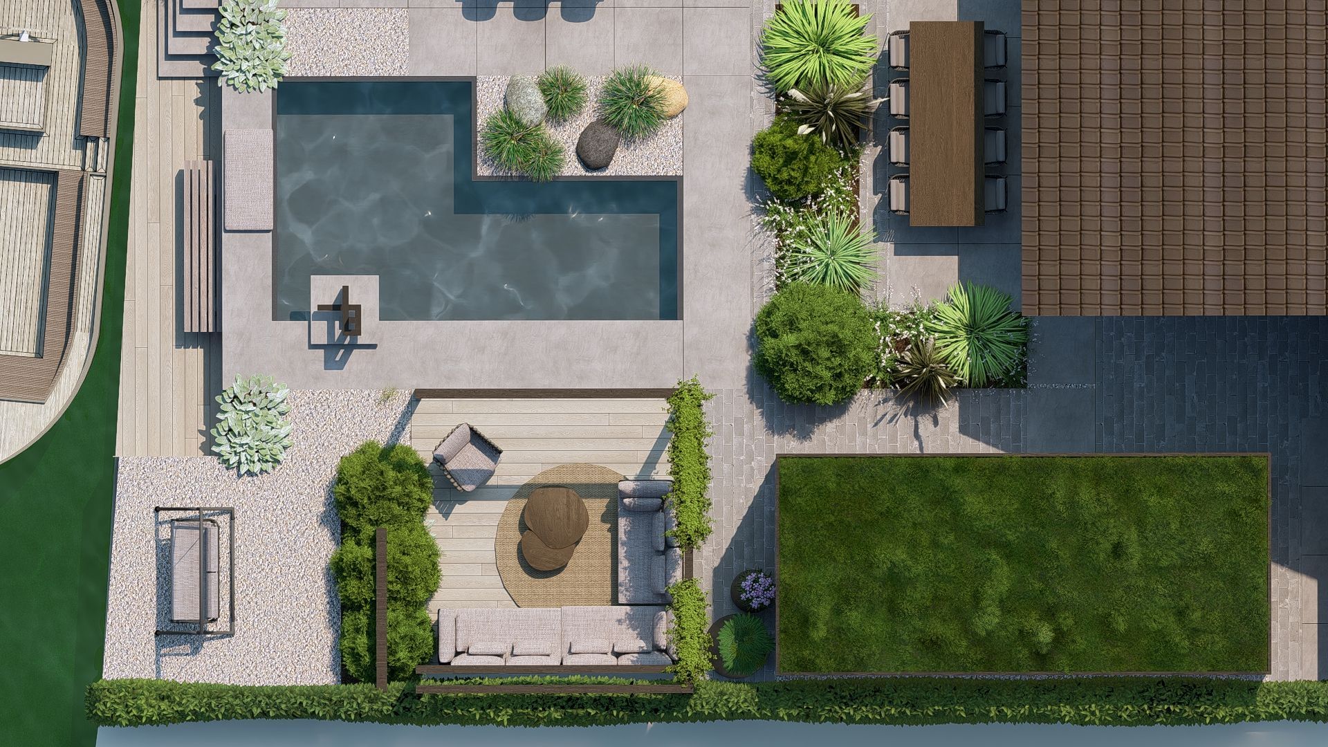 Bovenaanzicht van een modern terras met zwembad, zitgedeelte, eethoek en groen dak.