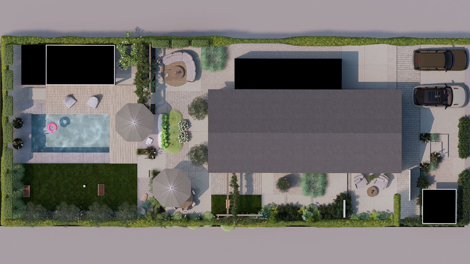 Bovenaanzicht van een moderne achtertuin met zwembad, terras en parkeerplaats.