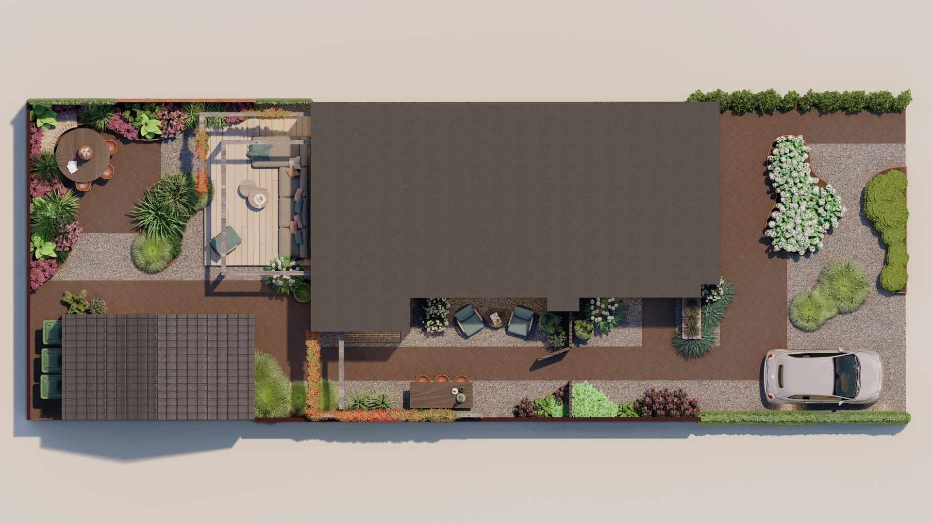 Bovenaanzicht van een huis met een carport, terras en aangelegde tuin, met een auto geparkeerd op de oprit.