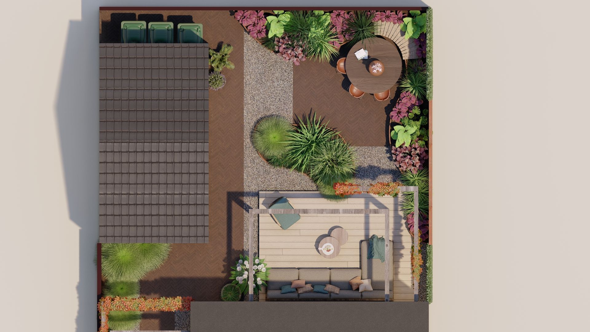 Bovenaanzicht van een moderne daktuin met zitjes, paden en diverse planten.