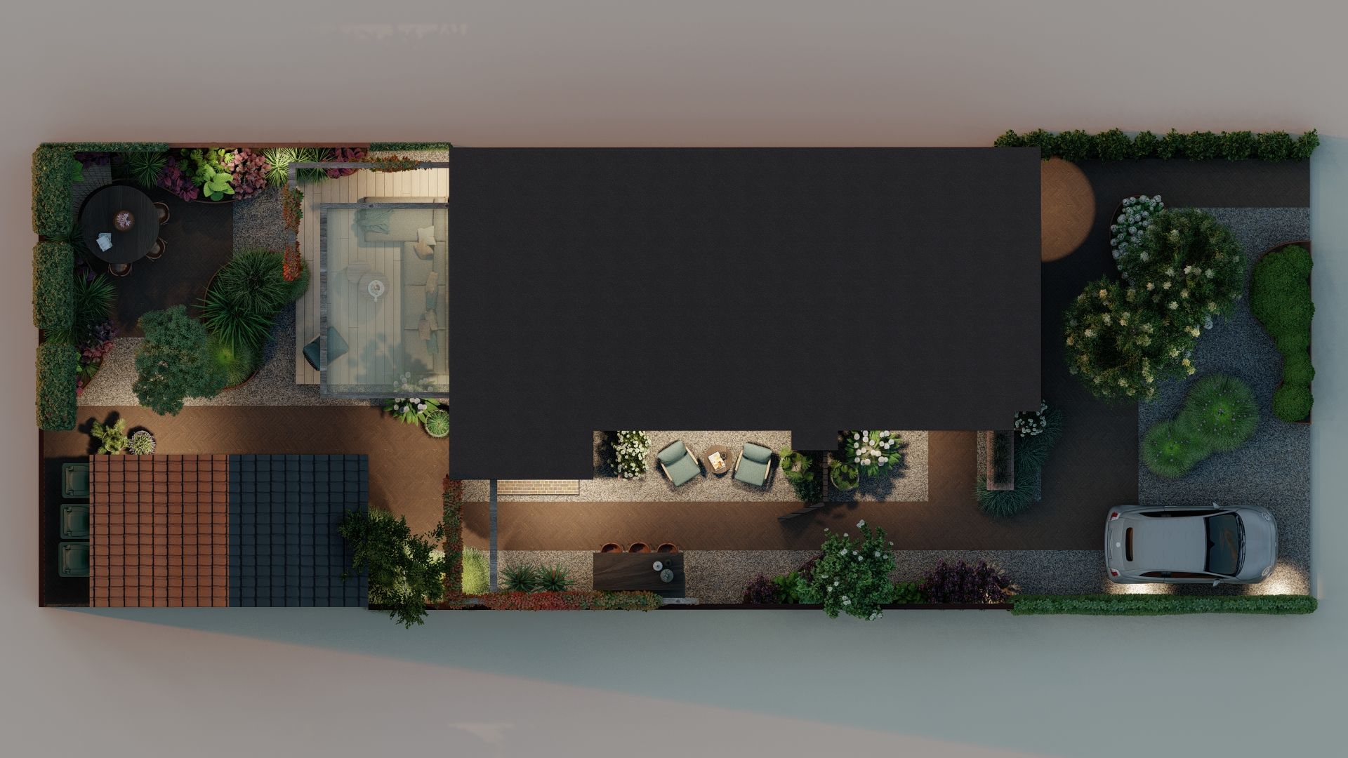Bovenaanzicht van een modern huis met zwembad, terras en oprit, omgeven door groen en 's nachts verlicht.