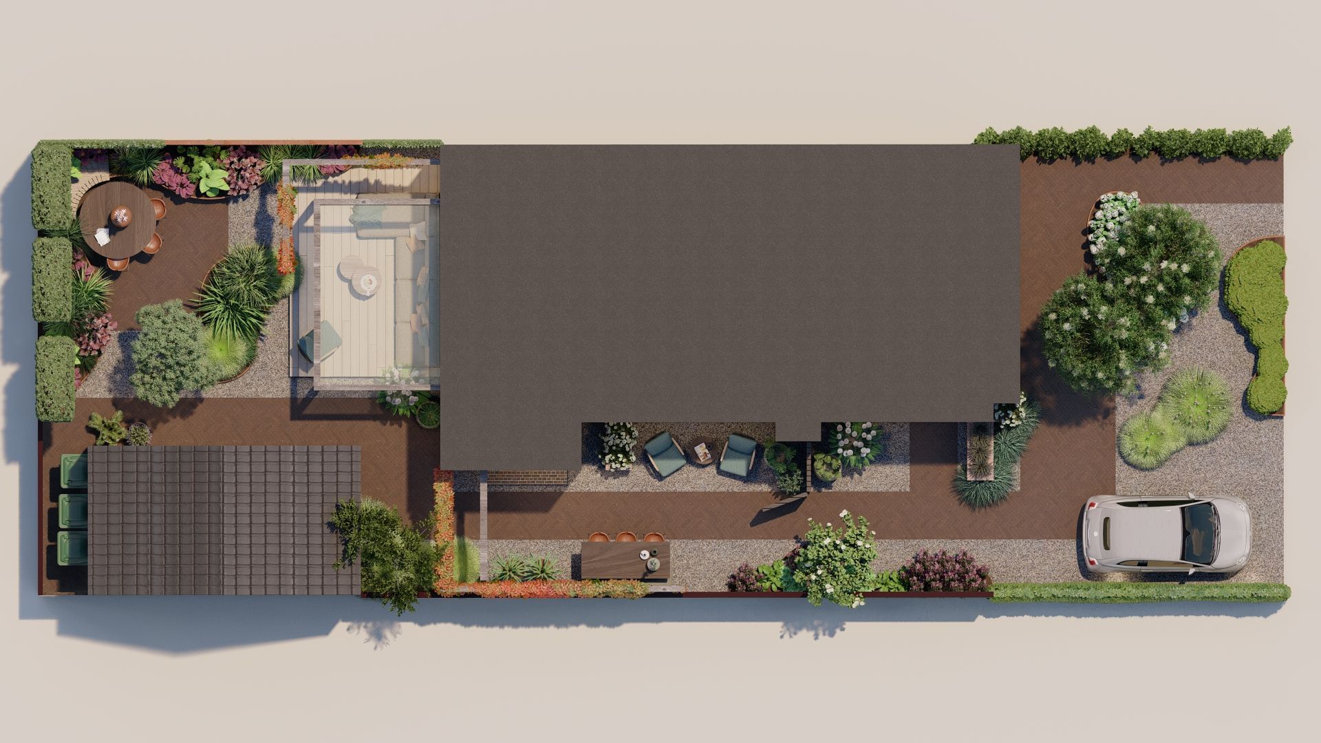 Bovenaanzicht van een huis met oprit, tuin en terras. Bruin dak, groene planten en een grijze auto.