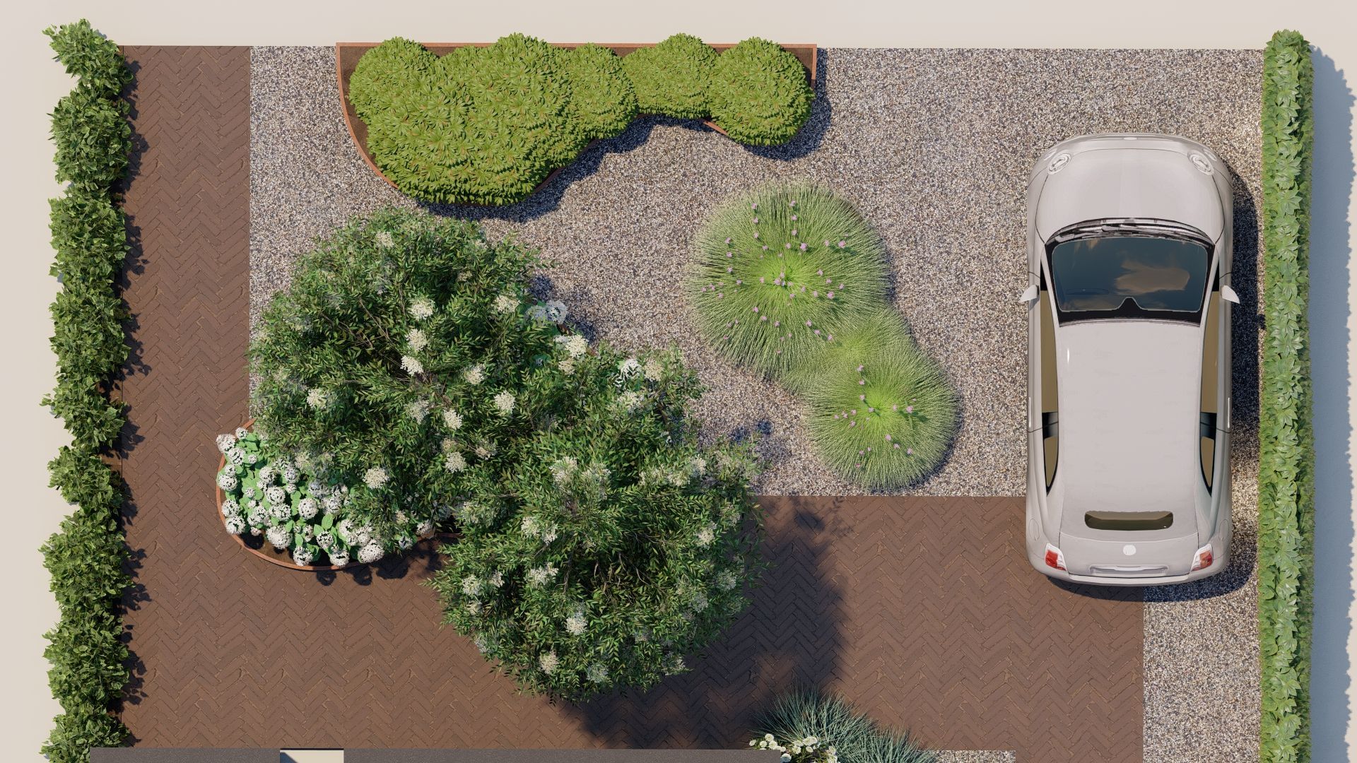 Bovenaanzicht van een witte auto geparkeerd op een grindpad met aangelegde struiken en bomen.