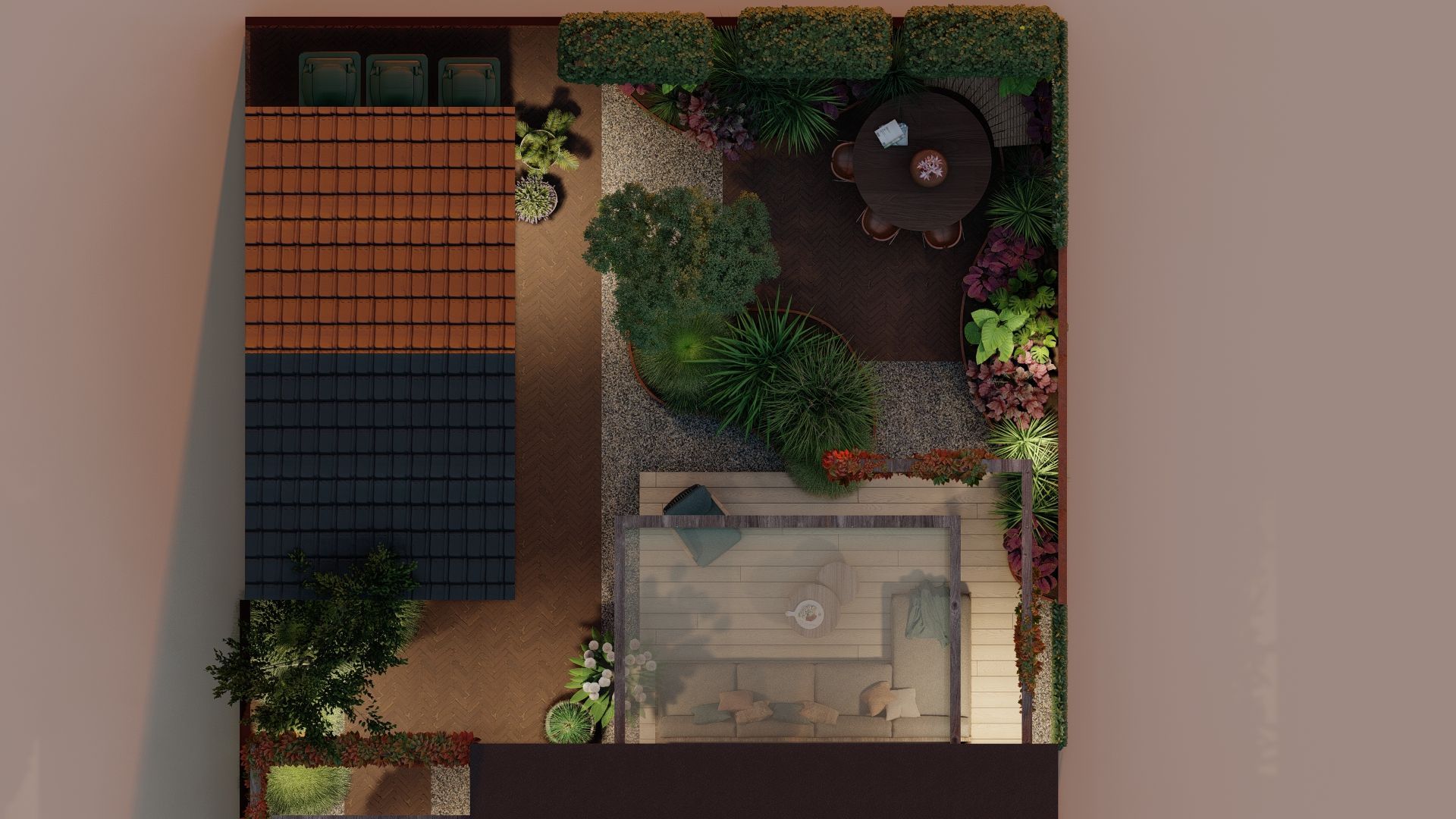 Bovenaanzicht van een kleine tuin met een terras, zitgedeelte, grindpad en diverse planten.