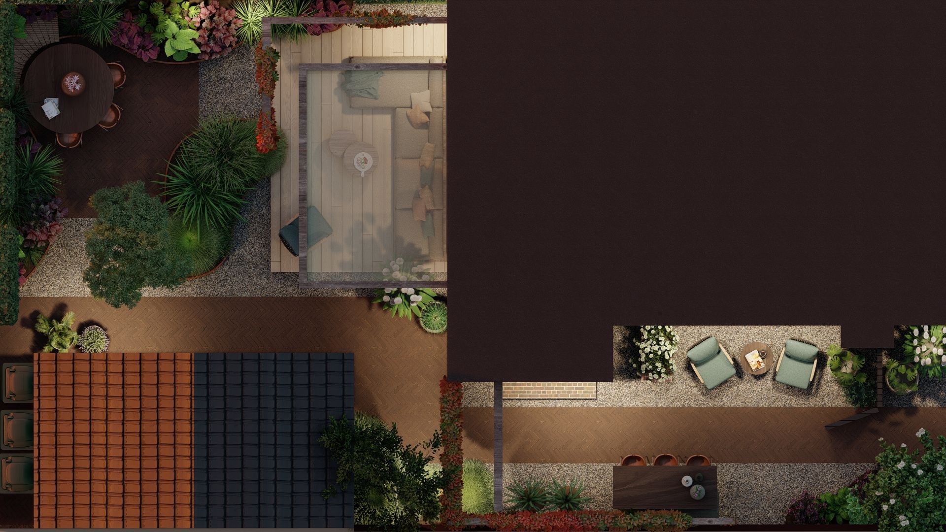 Bovenaanzicht van een moderne tuin met eet- en zitgedeeltes, weelderig groen en een donkerbruin schaduwrijk gedeelte.