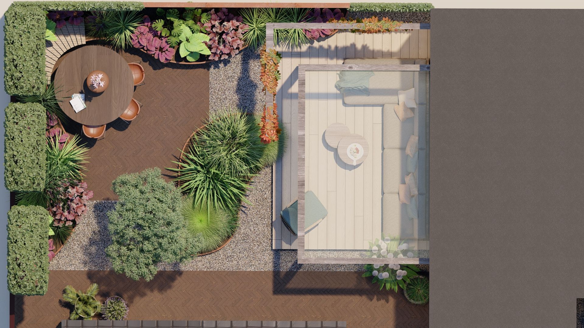 Bovenaanzicht van een moderne achtertuin met een eethoek, een pad van kiezels en een loungehoek met glazen wanden en een houten terras.