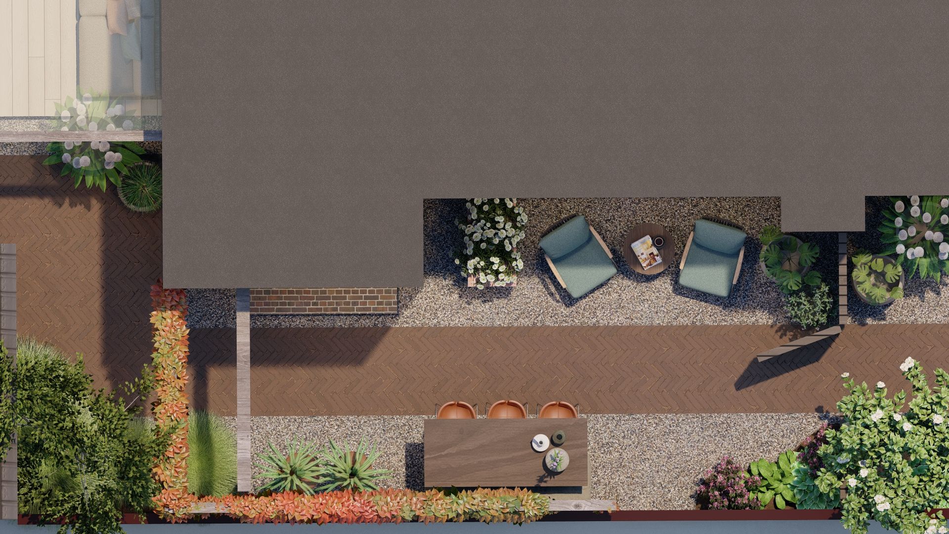Bovenaanzicht van een terras met zitgelegenheid, eettafel en beplanting. Bruine bestrating en grijze muren.