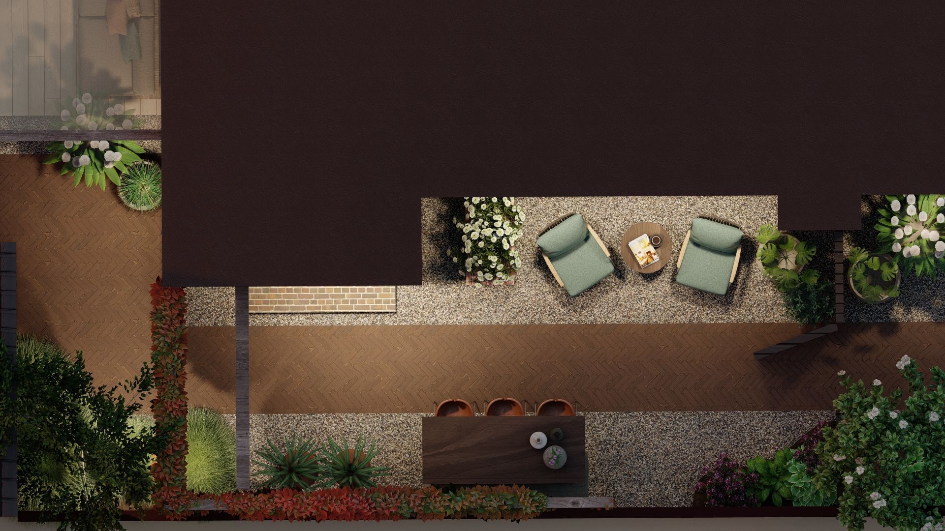 Bovenaanzicht van een modern terras met zitgelegenheid, eettafel, grind en omringende beplanting.