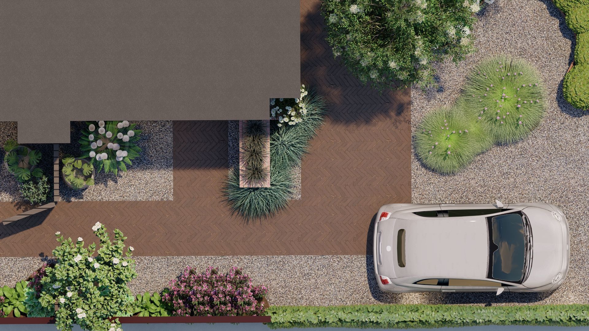 Bovenaanzicht van een huis met een auto geparkeerd op de oprit, omgeven door beplanting en groen.