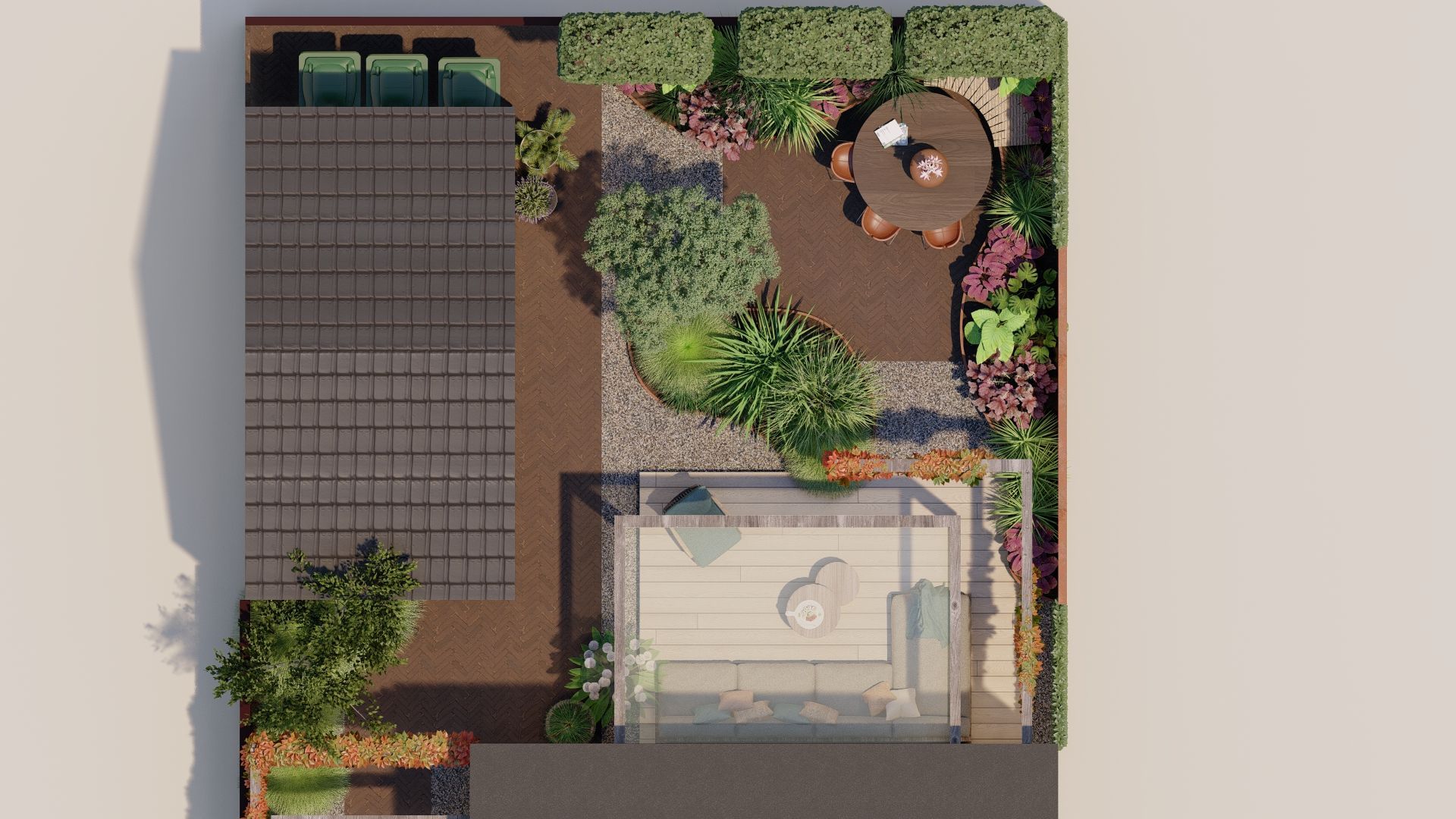 Bovenaanzicht van een modern tuinontwerp met zitgelegenheid, eethoek, planten en een schaduwrijke pergola.