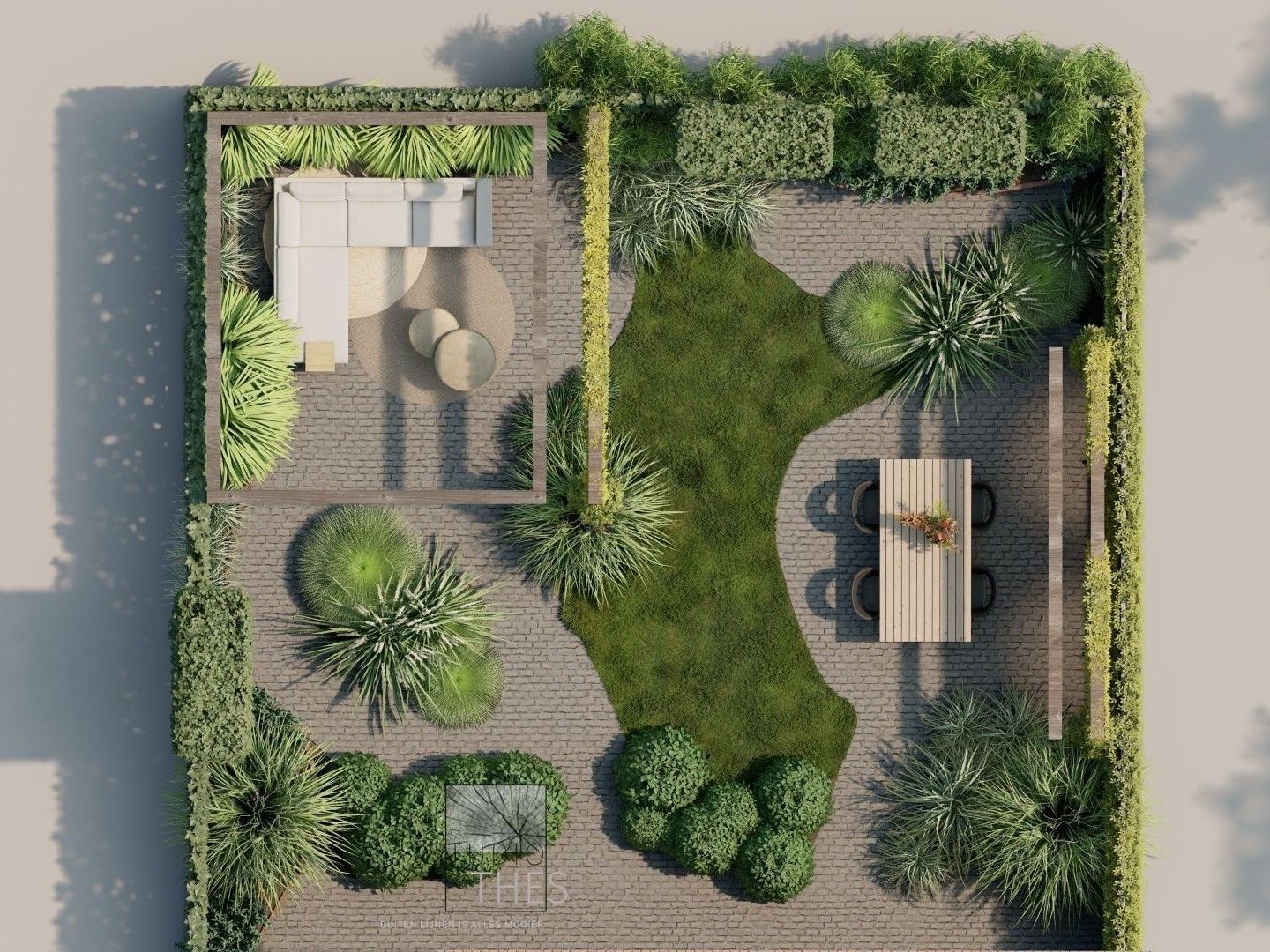 Bovenaanzicht van een modern tuinontwerp met een terras, eethoek en aangelegde tuin.