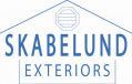Skabelund Exteriors logo in blue and gray inside a thin outlined hexagon